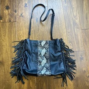 Carlos Falchi crossbody black snake fringe bag EIC